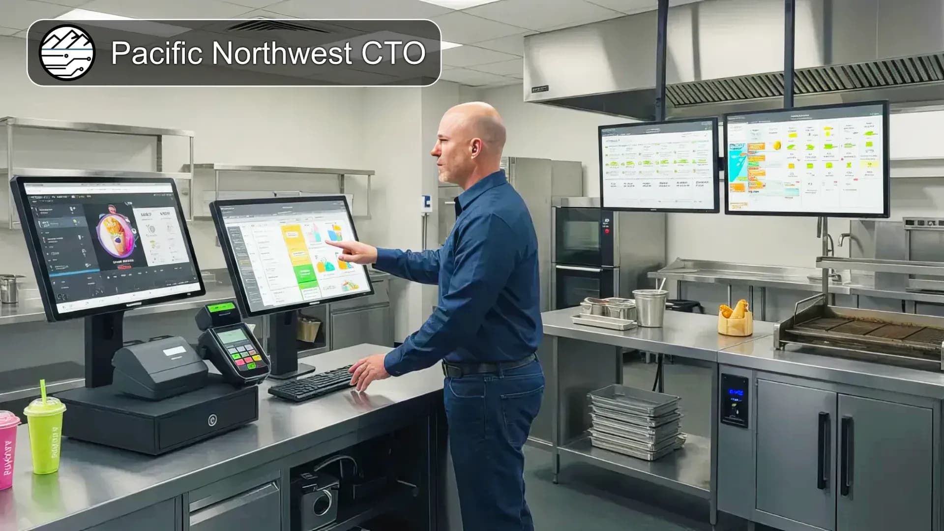 Our Senior CTO working in the test kitchen, developing a complete restaurant management system | AI generated Illustration